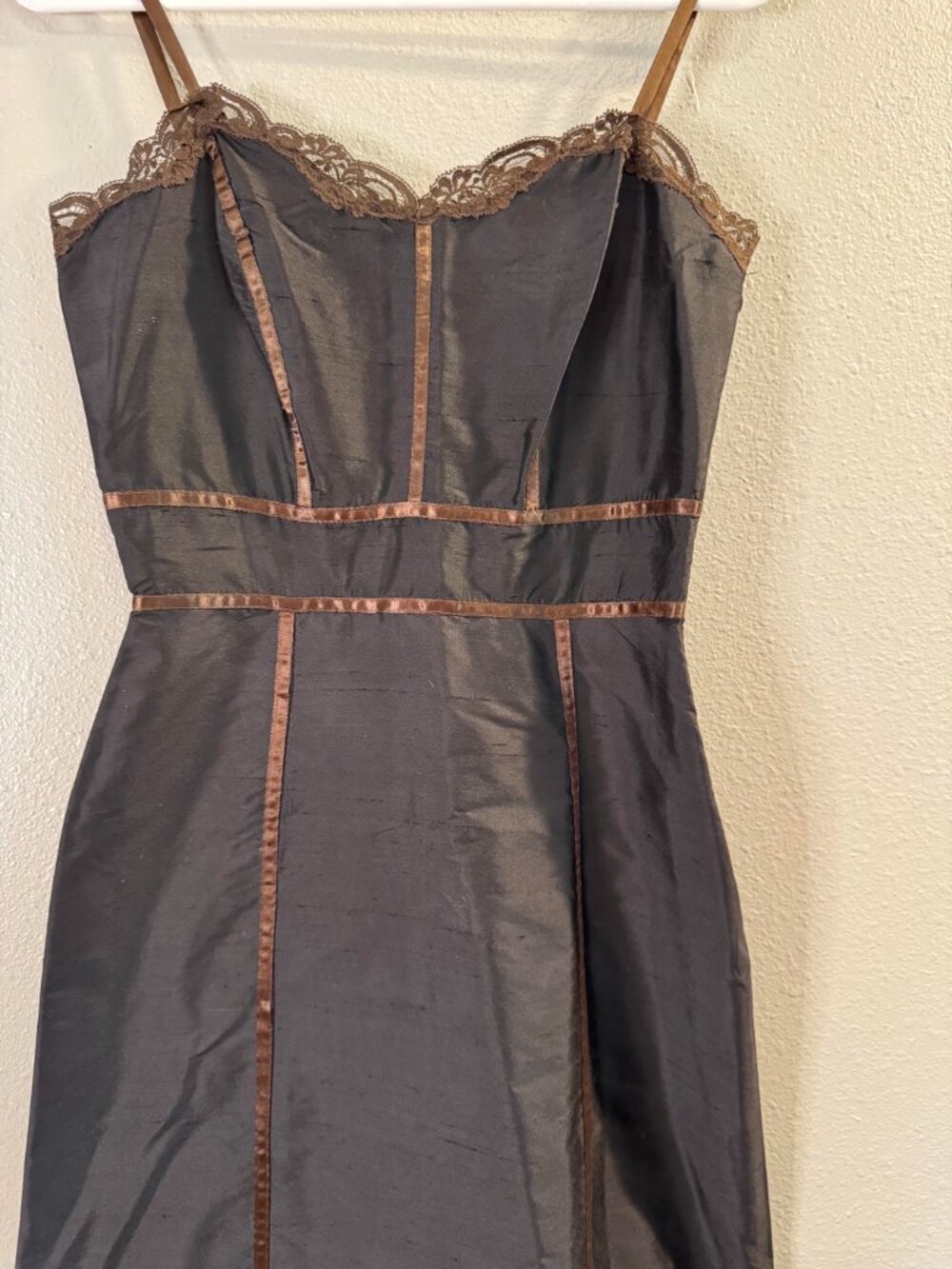 Vintage Betsey Johnson 1990s Brown Lace & Brown Trim Corset Slip Dress | Sz 6 - Picture 5 of 7